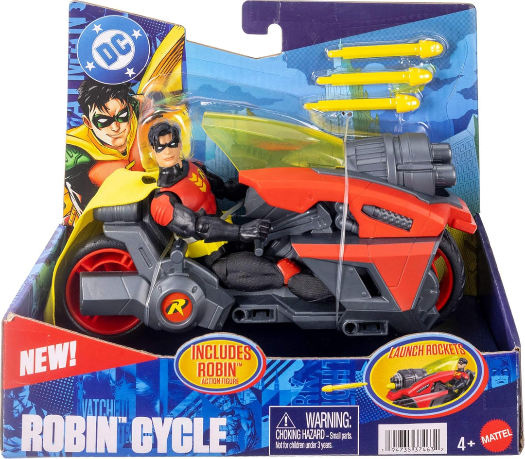 Mattel DC Premier - Figura de Robin de 6.5 pulgadas y vehículo de c...