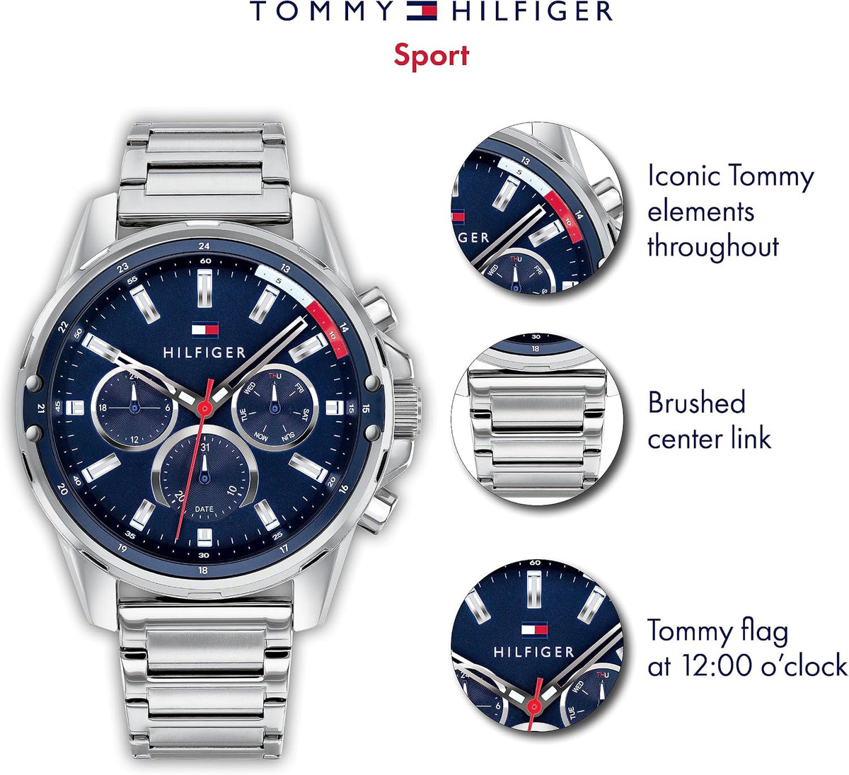 Tommy Hilfiger Reloj deportivo de cuarzo de acero inoxidable y pulsera para hombre, color: plata (Modelo: 1791788)