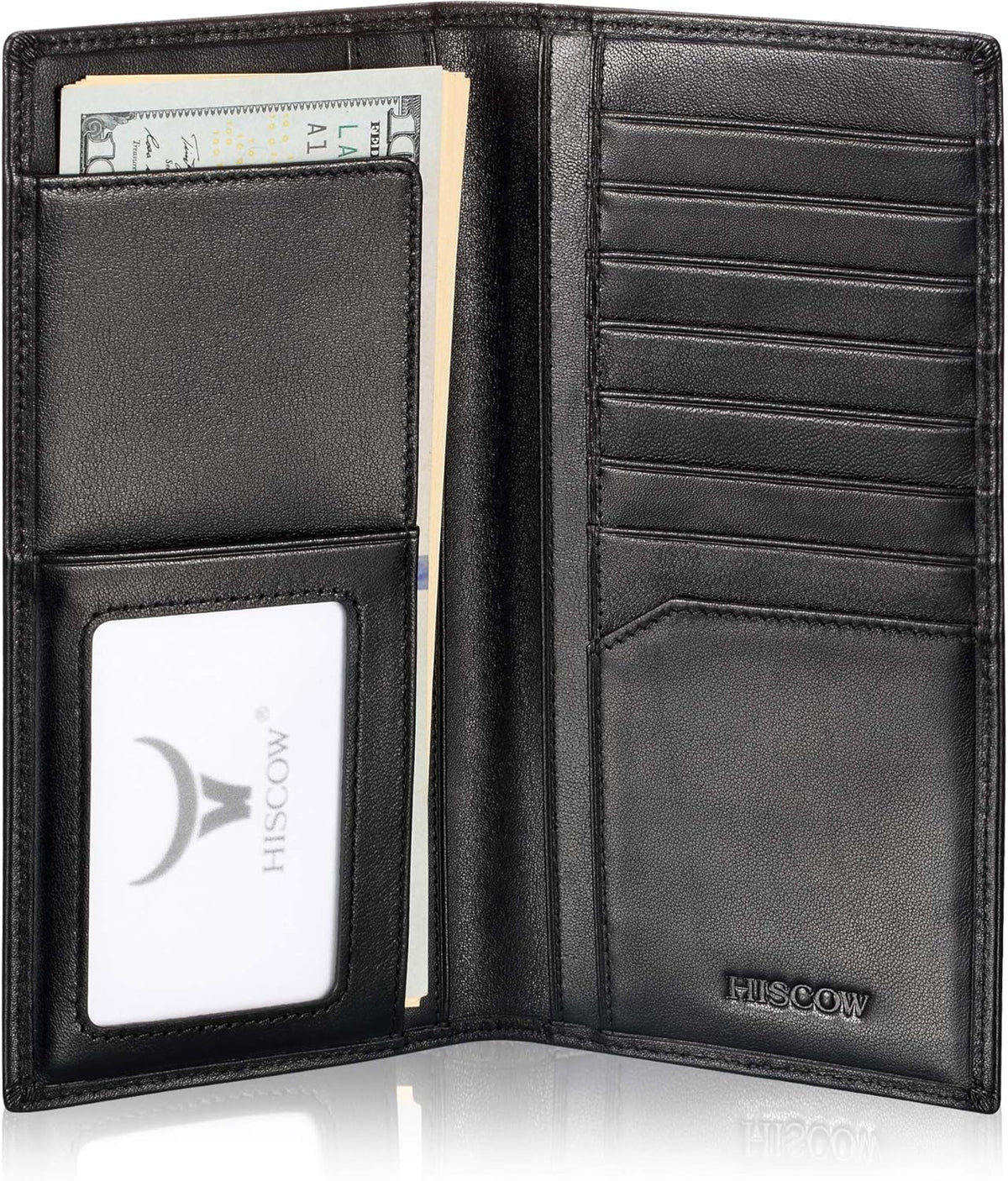 HISCOW Cartera larga de cuero delgada para hombres y mujeres, piel de becerro italiana, cartera con bolsillo en el pecho para chequera, tarjetas de crédito, Negro -
