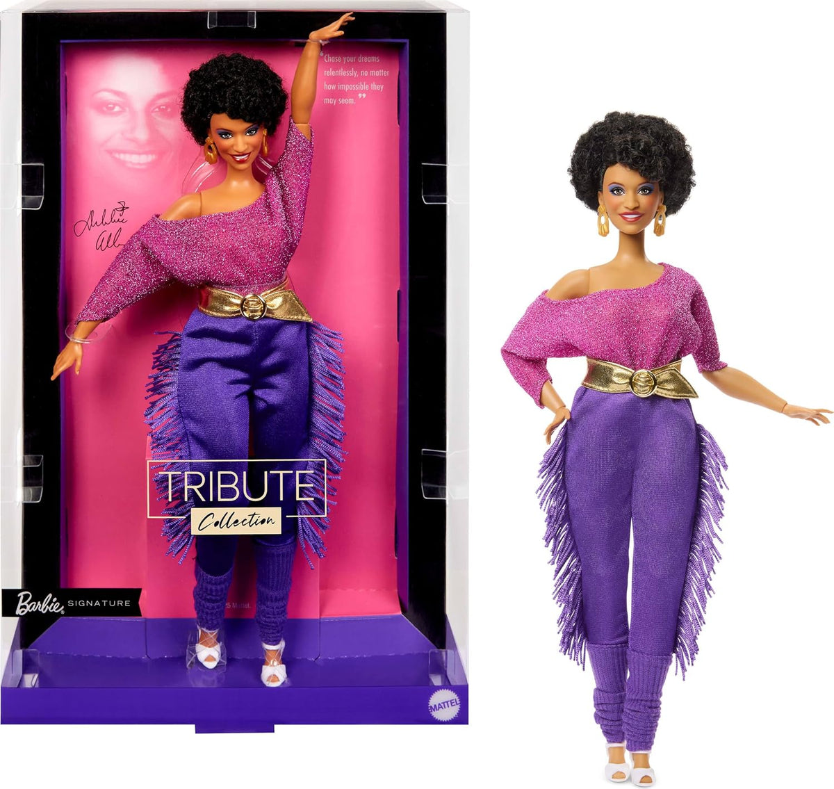 Muñeca Barbie Signature, Colección Homenaje a Debbie Allen Muñeca Articulada con Top Hombros Descubiertos, Cinturón Dorado y Pantalones Morados con Flecos y Calentadores de Pierna