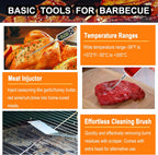 Juego de 24 Piezas de Herramientas para Parrilla BBQ con Termómetro de Carne e Inyector - Tenedor de Acero Inoxidable Extra Grueso, Espátula y Pinzas - Accesorios Completos para BBQ en