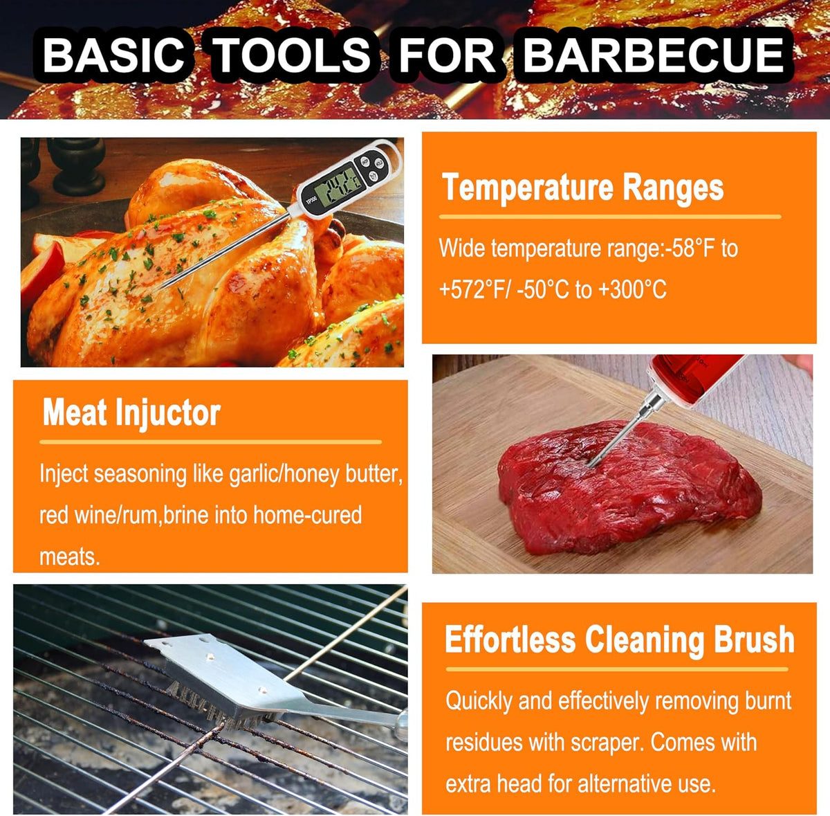 Juego de 24 herramientas para parrilla de barbacoa con termómetro de carne e inyector, tenedor de acero inoxidable extragrueso, espátula y pinzas, accesorios completos para barbacoa, regalos perfectos para el día del padre