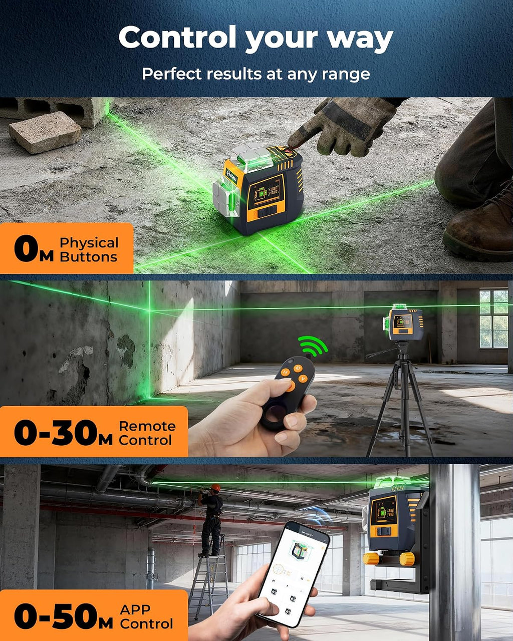 CIGMAN Nivel láser de control de gestos con pantalla lateral, 3 líneas autonivelantes verdes de 360°, línea de gestos manos libres y control de brillo, modo estroboscópico, 2 baterías de iones de