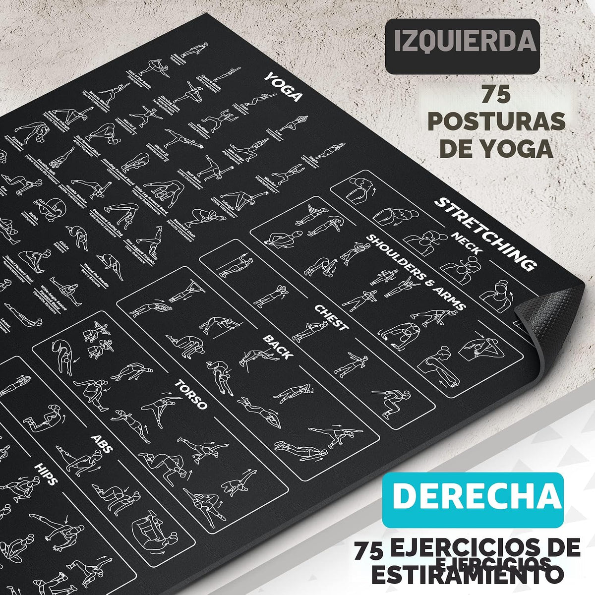Esterilla de yoga instructiva extra grande con posturas impresas - 3 veces más grande y 2 veces más ancha que las esterillas de entrenamiento regulares - 150 posturas y estiramientos de yoga