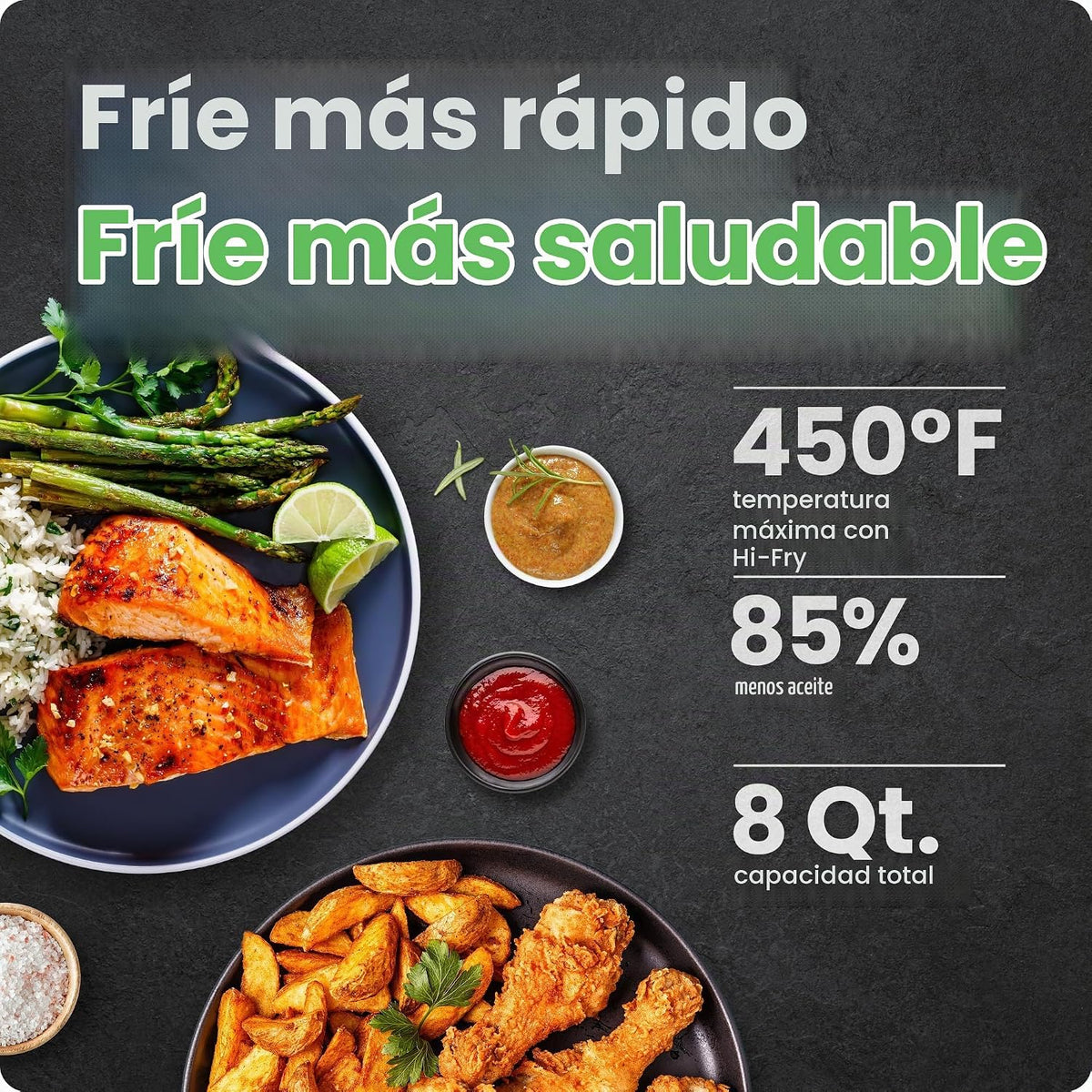 Chefman Freidora de aire de 8 cuartos de galón | TurboFry® 4 en 1 con opción Hi-Fry de 450°F para resultados más crujientes | Hornea, deshidrata, congelada | Cesta antiadherente XL apta para lavavajillas | Acero inoxidable