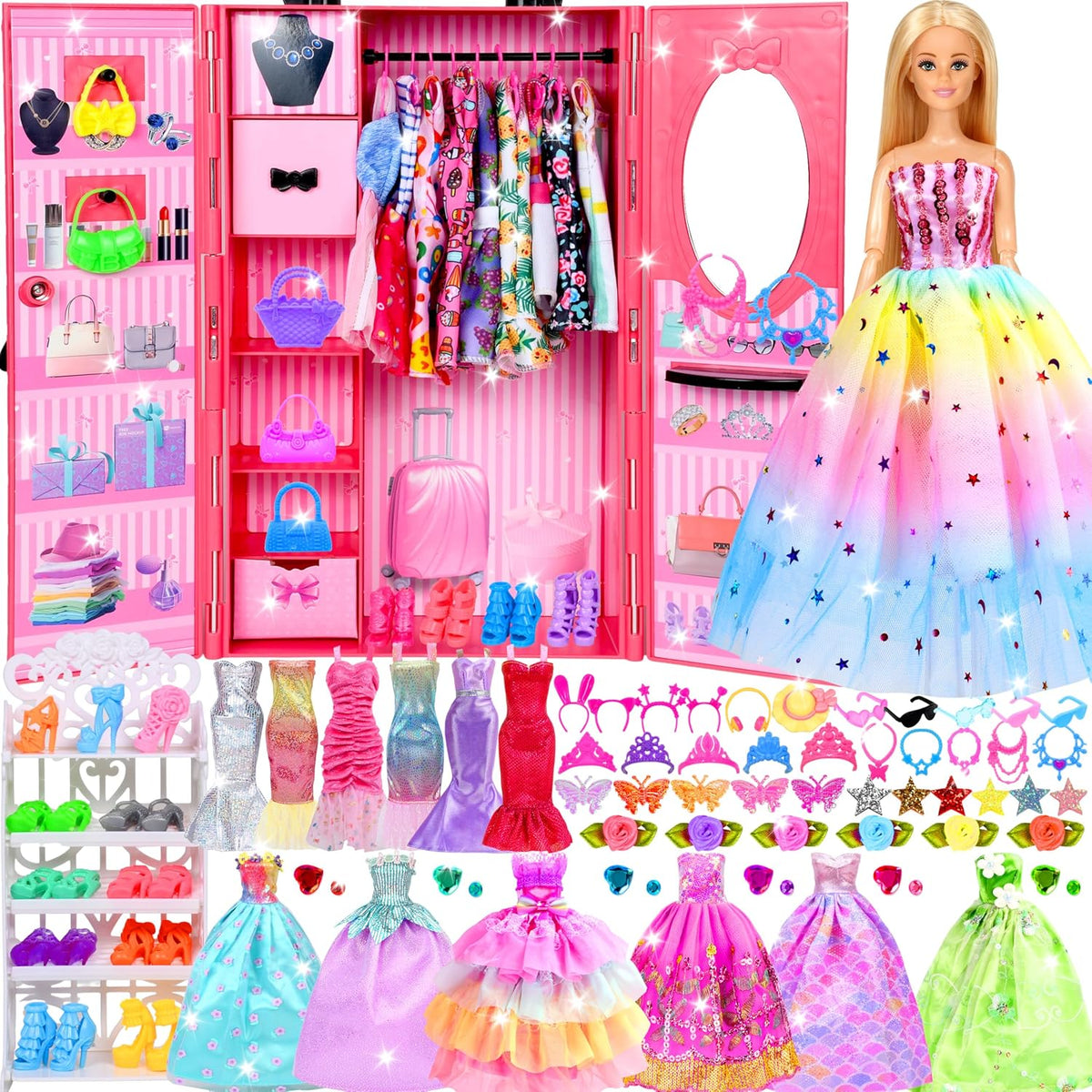 Juego de 150 piezas de ropa y accesorios para muñecas para niñas, vestidos de princesa, vestidos de moda, trajes de baño, tops, pantalones, zapatos, bolsas, joyas en el armario para muñecas de 11.5