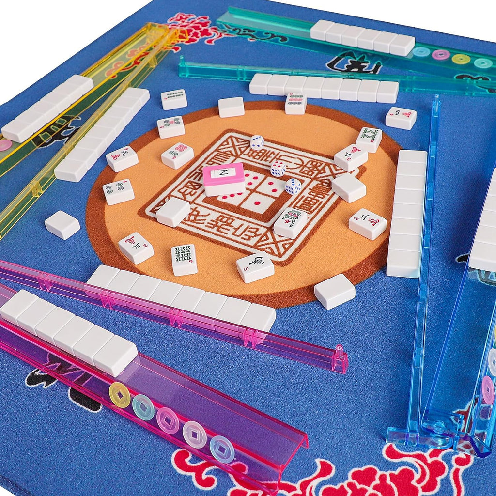 Juego de Mahjong Americano GUSTARIA, 166 Azulejos Blancos de Calidad, 4 Estante/Empujadores de Color Todo en Uno, Juego de Azulejos Mahjong con Bolsa de Transporte Azul Impresa