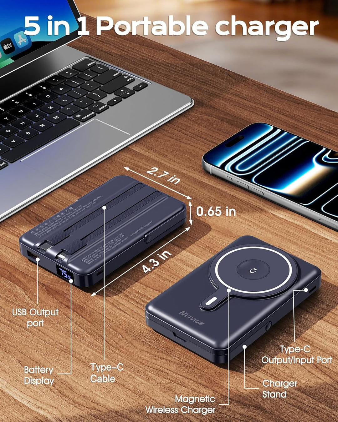 Nepagz Cargador portátil Magsafe, banco de energía magnético de 100...
