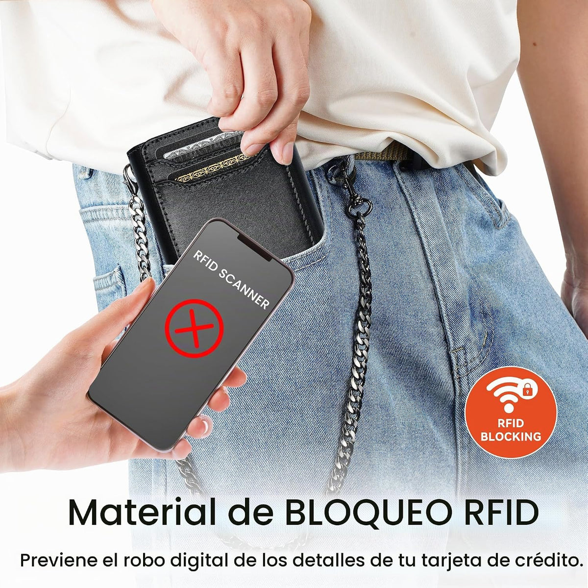 Cartera de cadena de cuero de grano completo: Cartera triple RFID