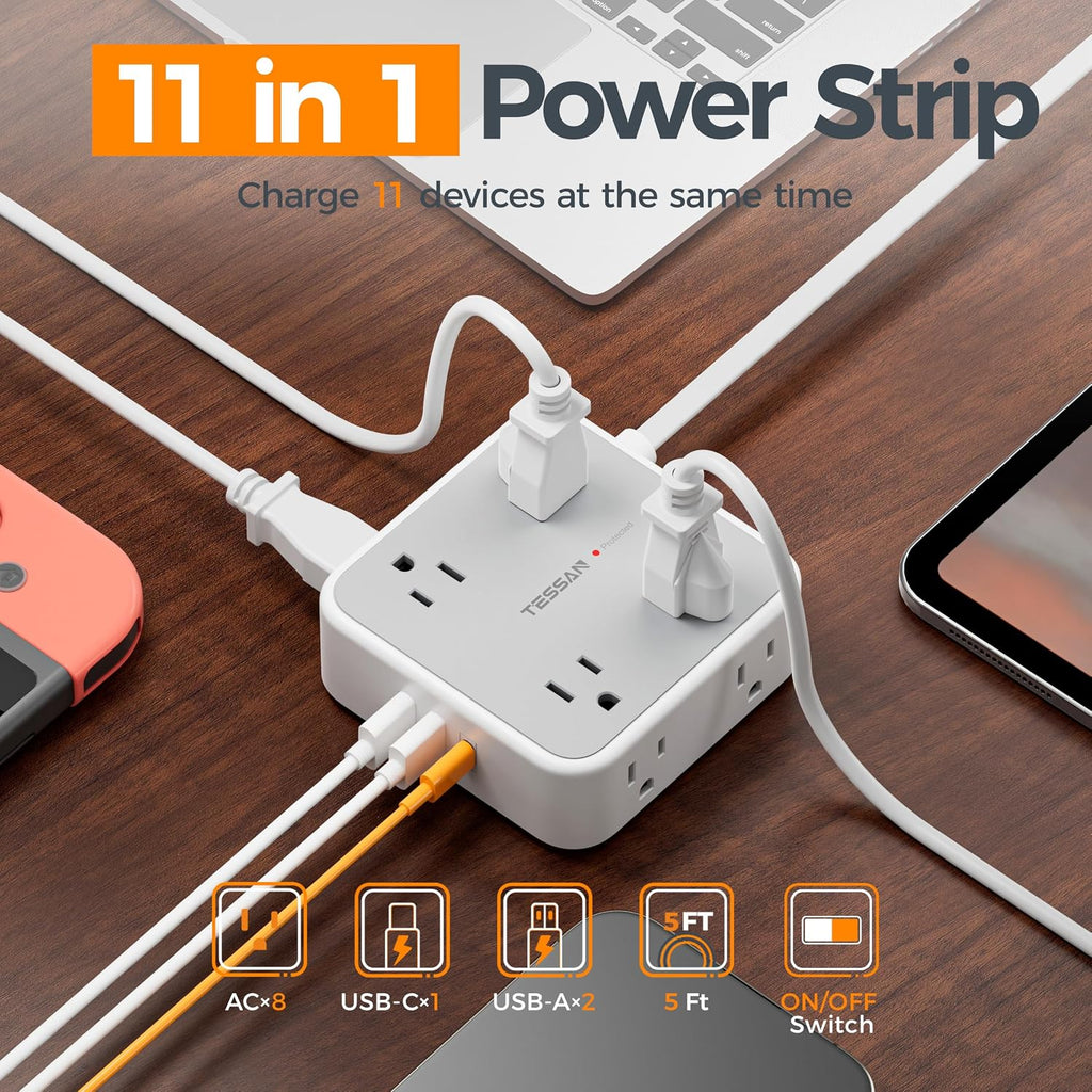 TESSAN Surge Protector Power Strip con 900J Surge Protection, 5 Ft, Grey