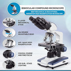 AmScope B120C Siedentopf microscopio binocular compuesto, aumento de 40X-2000X, iluminación LED, condensador Abbe, plataforma mecánica de doble capa.
