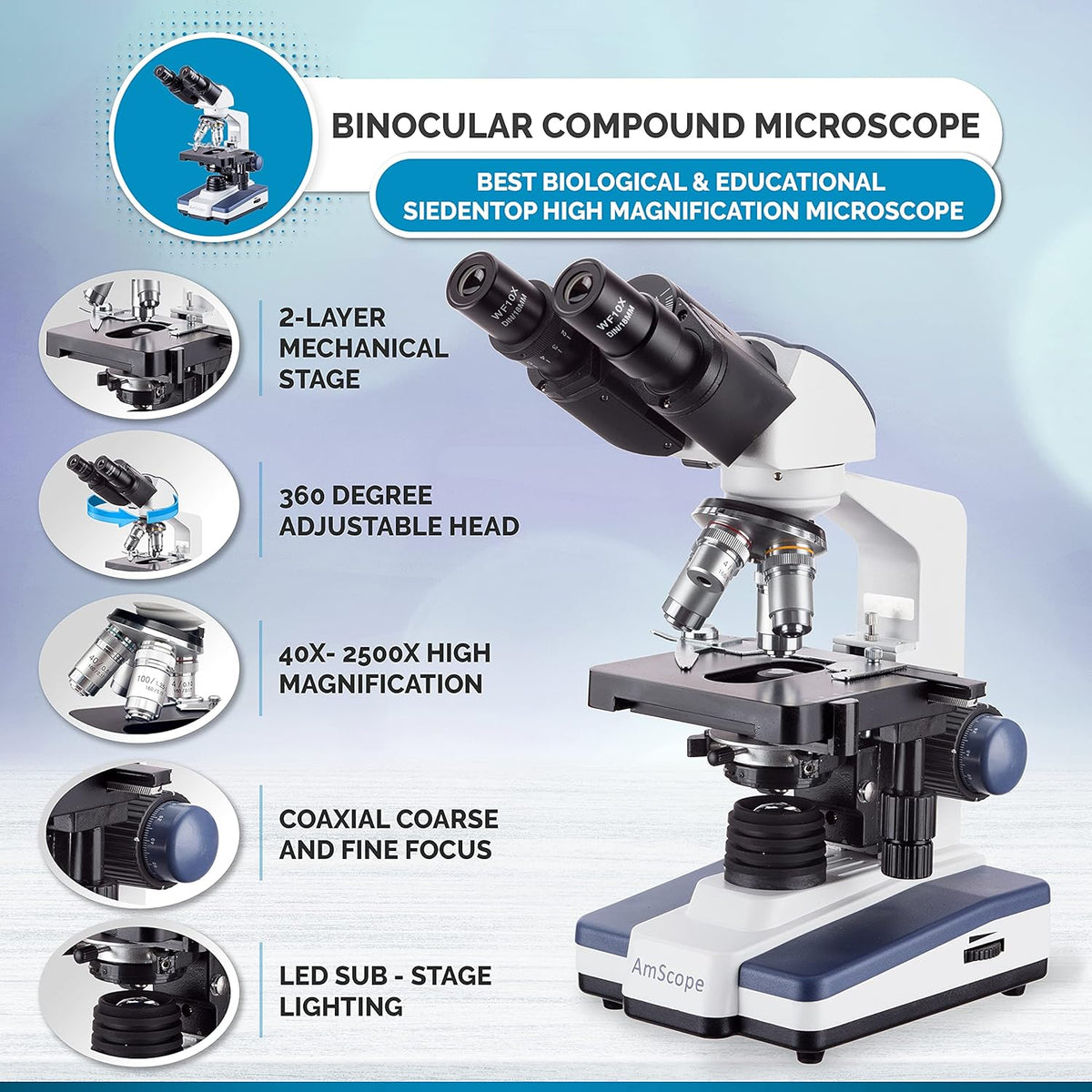 AmScope B120C Siedentopf microscopio binocular compuesto, aumento de 40X-2000X, iluminación LED, condensador Abbe, plataforma mecánica de doble capa.