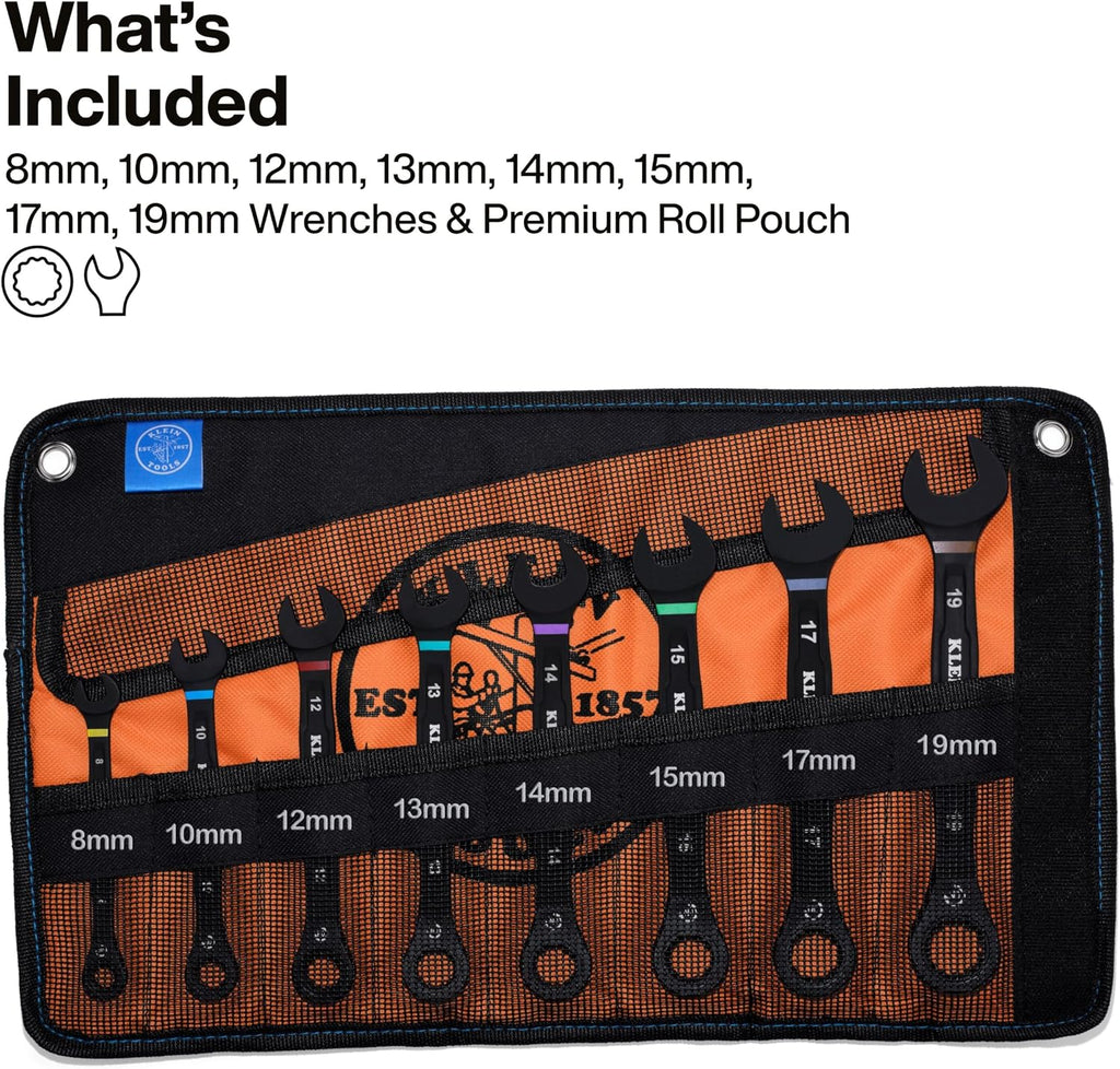 KLEIN TOOLS 69408MG - Juego de llaves de trinquete combinadas, métricas, 8 piezas, 8 a 19 mm, aleación de acero, funda de espuma, 90 dientes