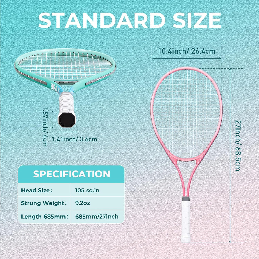 HIRALIY Juego de raquetas de tenis de 27 pulgadas para adultos, raquetas de tenis preencordadas para 2 jugadores, 2 cintas de sobreagarre, 3 pelotas y 1 bolsa de transporte, deporte recreativo al aire