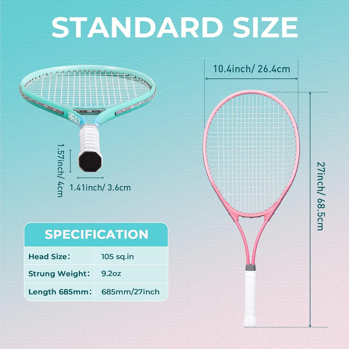 HIRALIY Juego de raquetas de tenis de 27 pulgadas para adultos, raquetas de tenis preencordadas para 2 jugadores, 2 cintas de sobreagarre, 3 pelotas y 1 bolsa de transporte, deporte recreativo al aire
