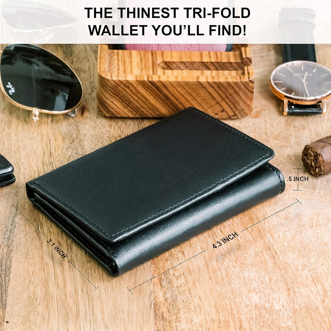 STAY FINE Billetera triple de cuero de grano superior para hombre,...