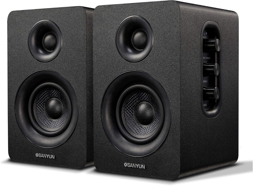 Sanyun SW208 bocinas de estantería activas Bluetooth 5.0 de 3" – Unidad de altavoz de fibra de carbono de 60W - DAC de 24 bits incorporado - Sonido envolvente 3D dinámico – Bocinas de 2.0 para PC de