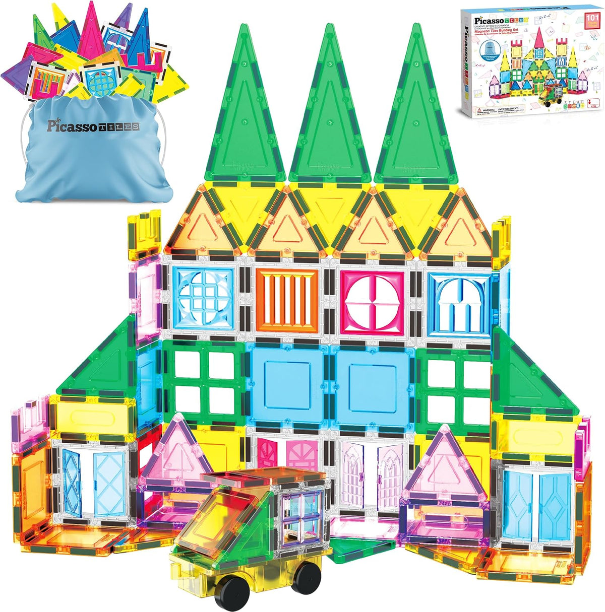 PicassoTiles Juego de 101 piezas de fichas magnéticas con bolsa de almacenamiento duradera Kit de juguetes magnéticos educativos de construcción STEM para niños pequeños, niños en edad preescolar
