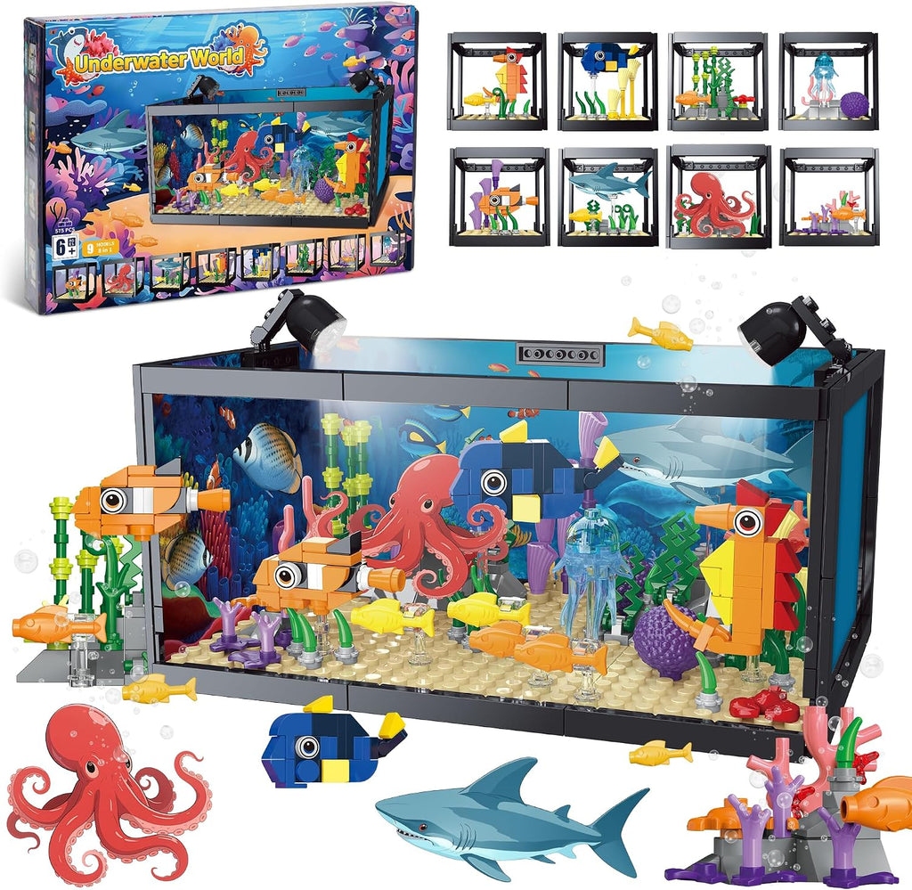 Juego de construcción de pecera 8 en 1, bloque de construcción de acuario marino con luz LED, recuerdos de fiesta, 9 modelos de juguete que incluye cangrejo de pulpo, regalos de cumpleaños de Navidad para niños y niñas de 6, 8, 10, 12 años en adelante