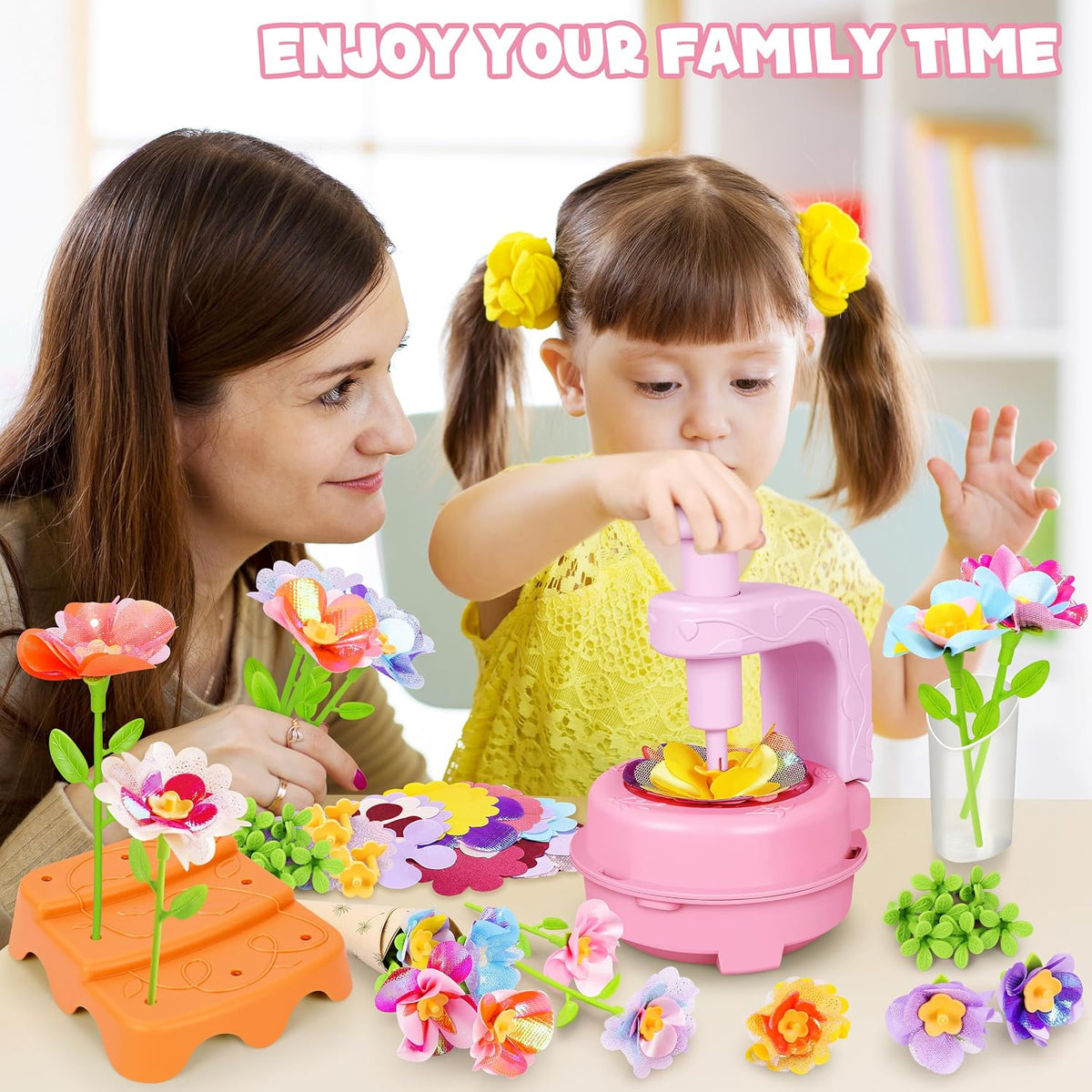 Kit de ramo de flores de tela rosa y morado, regalo educativo para niñas