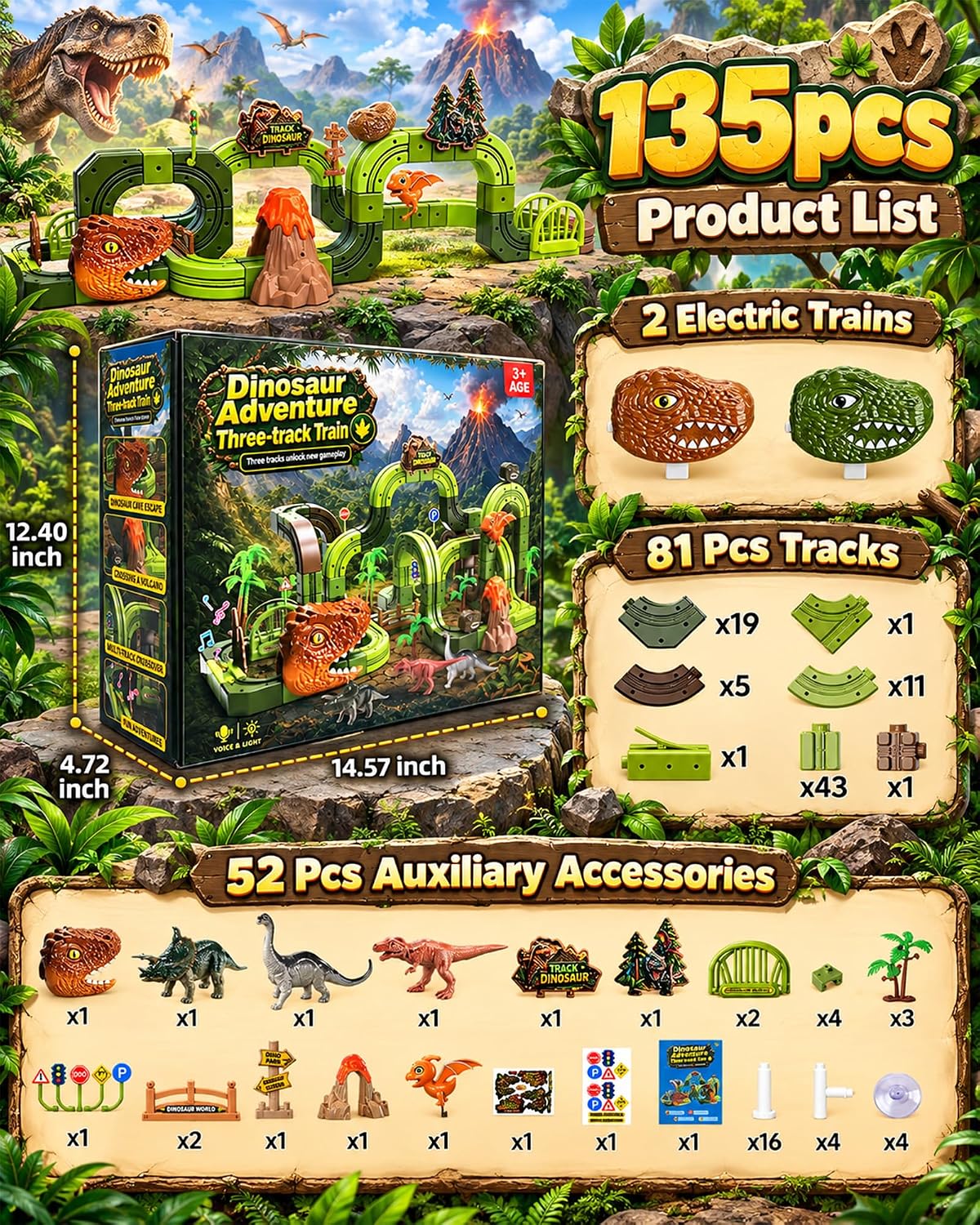 Juego de tren eléctrico de dinosaurio 135PCS para niños, pista de tren