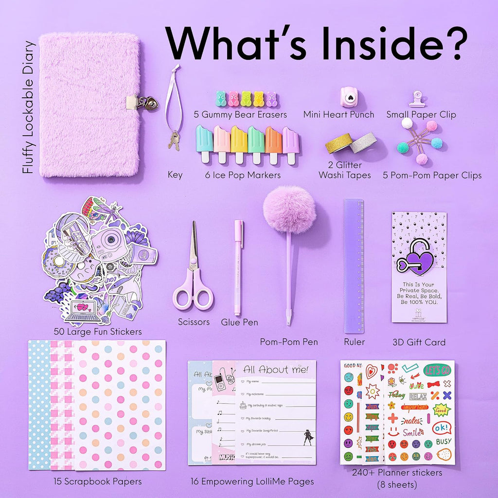 LolliME - Kit de diario de bricolaje morado para adolescentes y niñas de 8 a 14 años, regalo de cumpleaños, juego de diario con cerradura de 300 piezas, artes y manualidades, álbum de recortes y diario creativo
