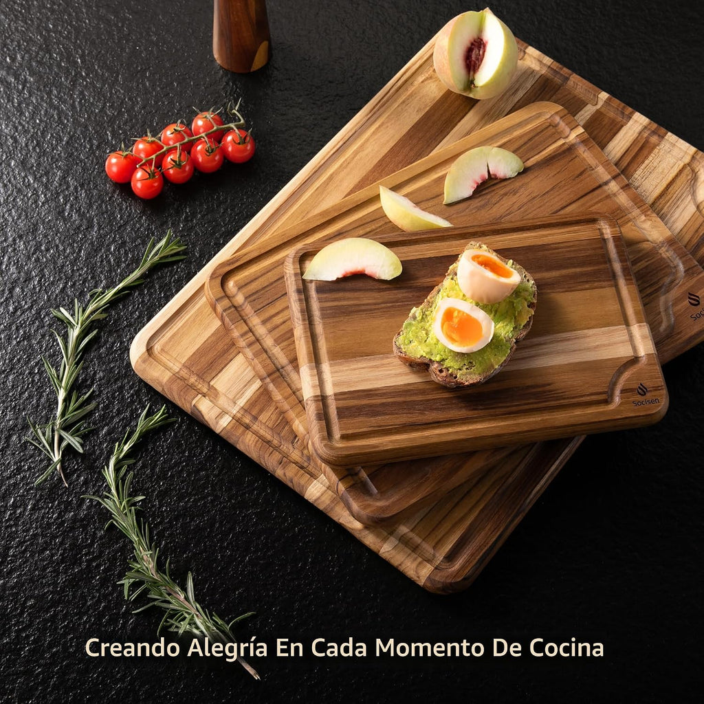 Juego de 3 tablas de cortar de teca para cocina, tablas de madera no tóxicas