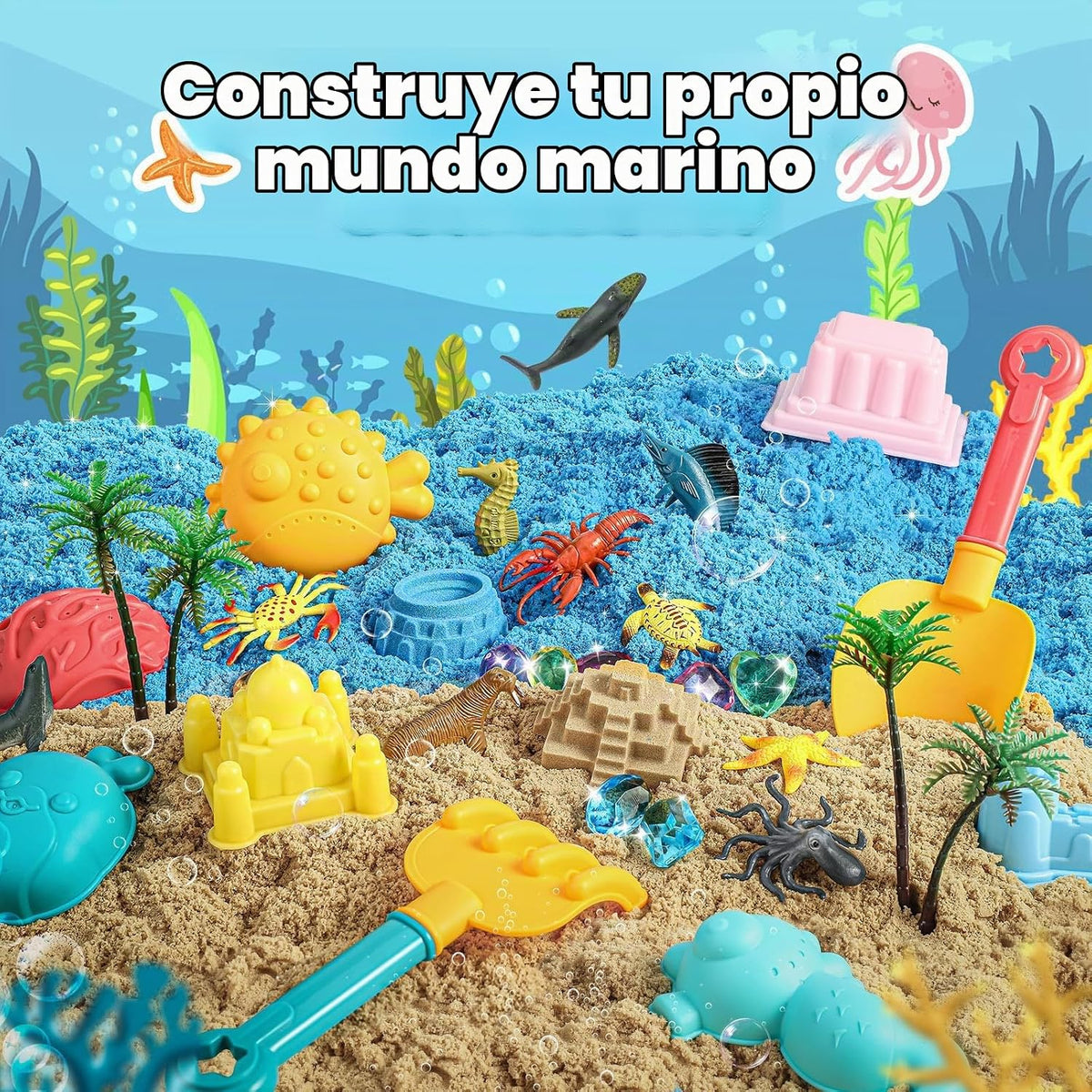 FRUSE - Contenedor sensorial del océano, kit de arte de arena con arena de juego de 2.2 libras, 12 juguetes de animales marinos, moldes de arena, juguete de playa para juegos de rol, juguetes de arena