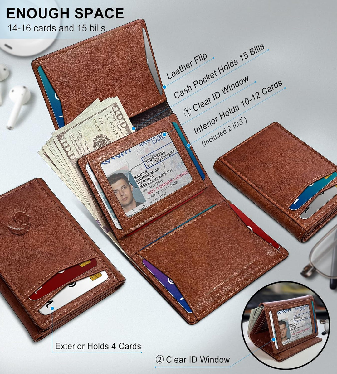 Housmai Billetera de cuero triple para hombre, con bolsillo para ef...