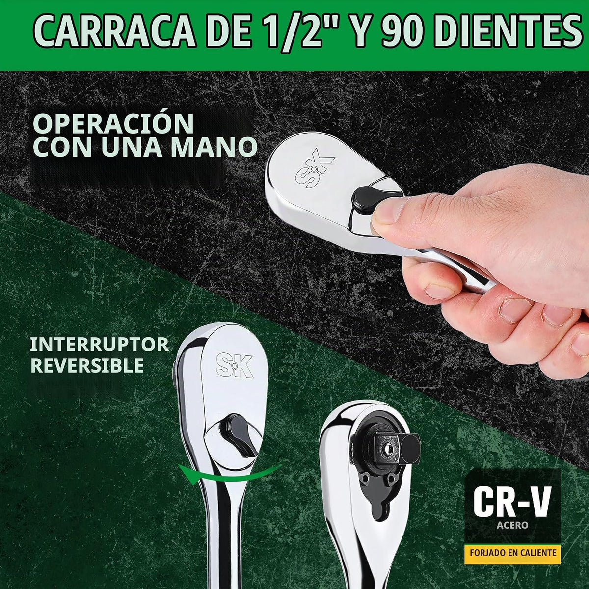 SK Juego de Dados de 1/2" con llave de trinquete de 90 dientes, 52 piezas, SAE y métrico