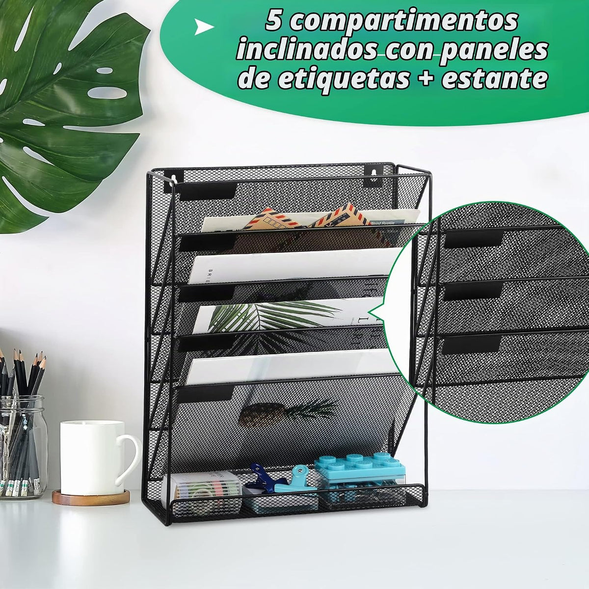 EaseOffice organizador de oficina vertical de 5 hileras, de material de red de metal, color negro, para la oficina o el hogar.
