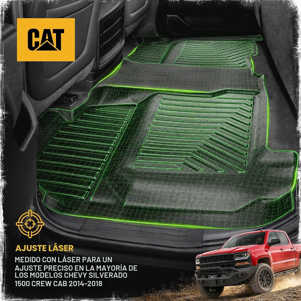 CAT® JustFit™ 3D - Tapete trasero de ajuste personalizado para Chevy Silverado 1500 Crew Cab 2014-2018, revestimiento de goma resistente medido por láser, accesorios Silverado
