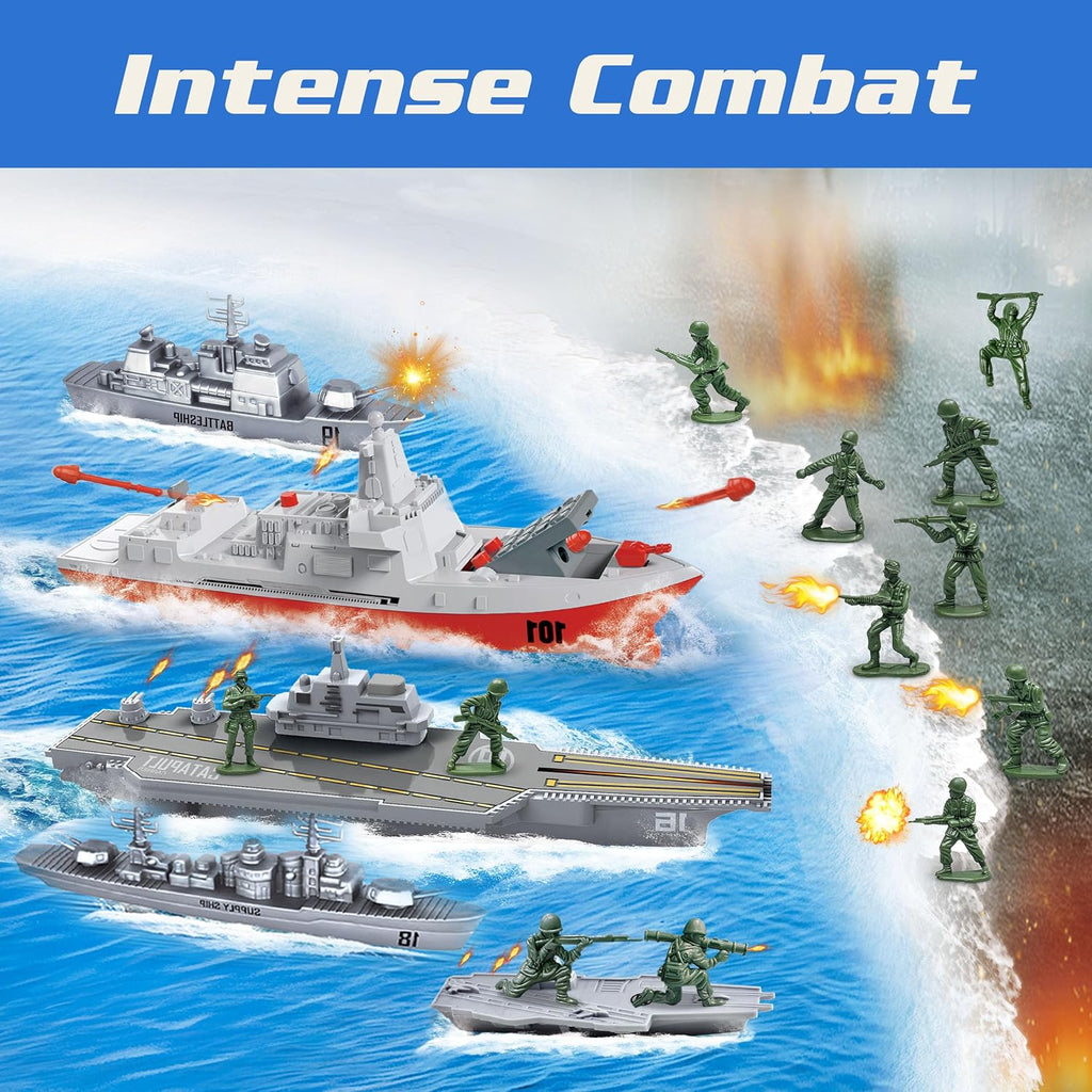 Juego de Juguetes de Portaaviones, Juguetes Militares, Lanza Batalla Naval con 12 Piezas de Soldaditos Verdes, 3 Pequeños Aviones de Juguete, 3 Barcos de Juguete, Juguetes del Ejército para