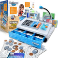 Caja registradora de juguete parlante, STEM Learning 69 piezas de simulación tienda con 3 idiomas, micrófono de paginación, tarjeta de crédito, tarjeta bancaria, dinero de juego y banca para niños (plateado)