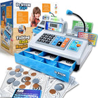Caja registradora de juguete parlante, STEM Learning 69 piezas de simulación tienda con 3 idiomas, micrófono de paginación, tarjeta de crédito, tarjeta bancaria, dinero de juego y banca para niños (plateado)