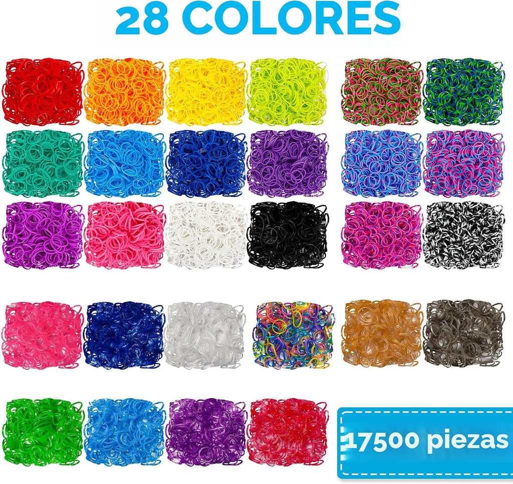 INSCRAFT Más de 17500 bandas de goma con contenedor azul de 3 capas, 28 colores, 600 clips en S, 352 cuentas, 40 colgantes de dibujos animados, kit de repuesto para hacer pulseras para niños