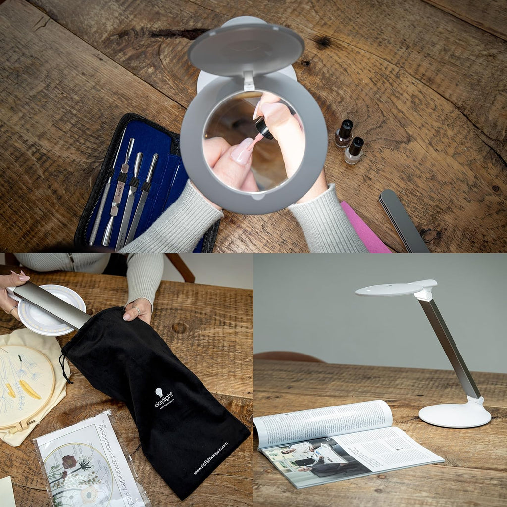 Lámpara Halo Go 2 Lámpara de aumento recargable portátil – Aumento de 5 dioptrías (2.25X), 6,000K daylight LED, 4,200 Lux brillo, diseño plegable compacto con carga USB y estuche de transporte de terciopelo