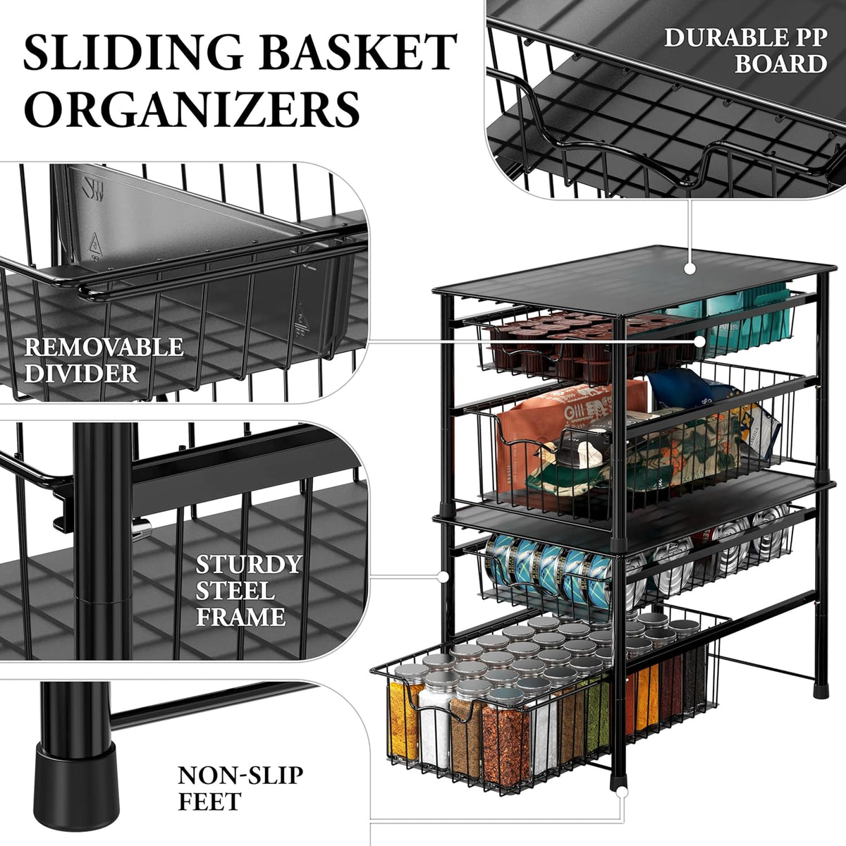 Simple Houseware Cajón organizador apilable de cesta deslizante, negro, 2 niveles