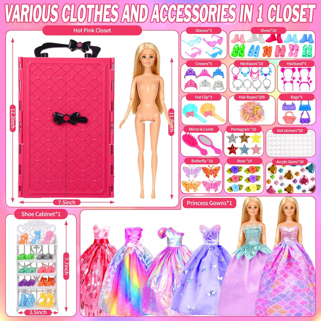 Juego de 150 piezas de ropa y accesorios para muñecas para niñas, vestidos de princesa, vestidos de moda, trajes de baño, tops, pantalones, zapatos, bolsas, joyas en el armario para muñecas de 11.5
