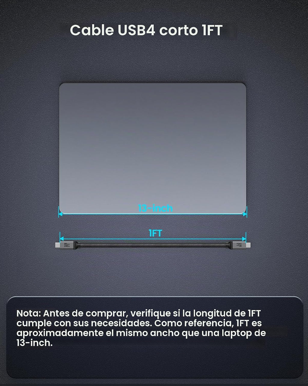 Silkland USB 4 para Thunderbolt 5 Cable 1FT, 80Gbps Sincronización de Datos, 240W de Carga