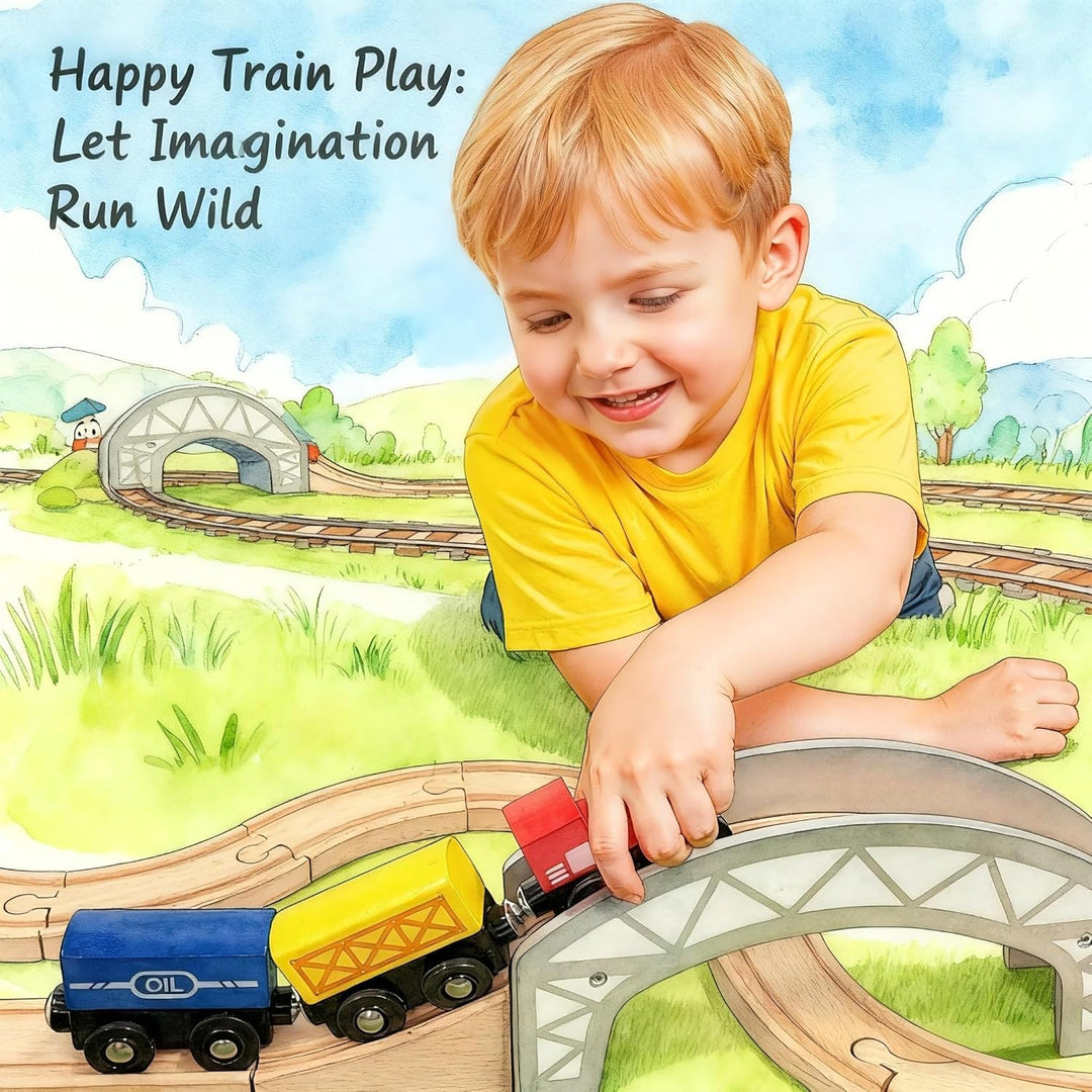 Juego de tren de madera y mesa con base de bloque de