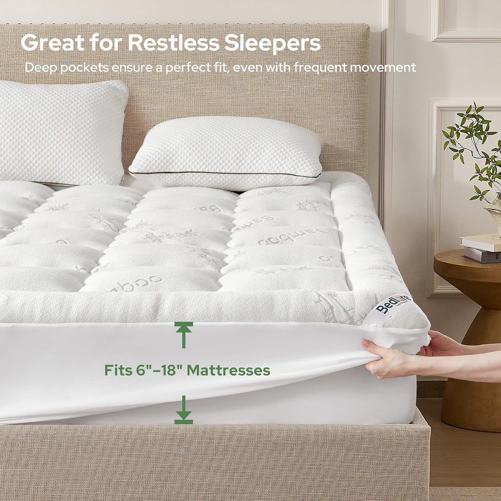 BEDLORE Cubrecolchón Queen de Viscosa Derivada de Bambú, Almohadilla Superior Gruesa (Pillow Top) para Colchón con Bolsillos Elásticos para Colchones de 6-18 Pulgadas, Cubrecolchón Suave y