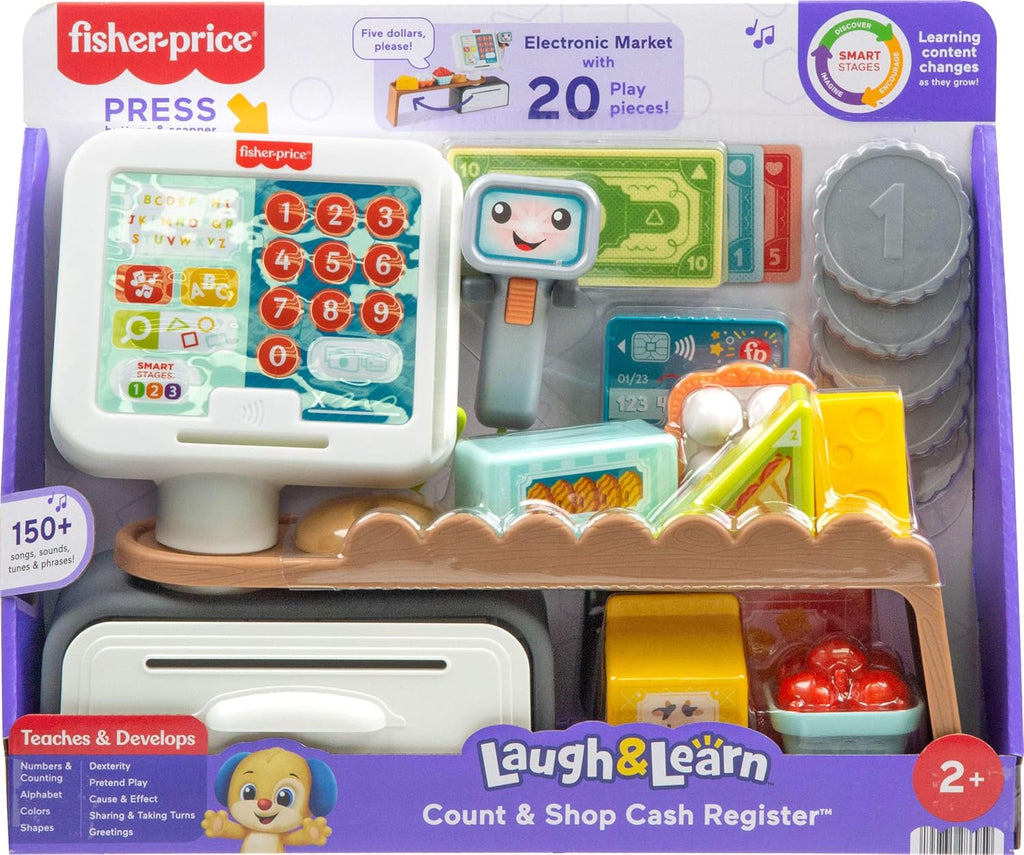 Fisher-Price Juguetes de aprendizaje para niños pequeños Laugh & Learn Contar y Comprar Caja registradora de tienda de juego con 20 piezas para juego de simulación para niños de 2+ años