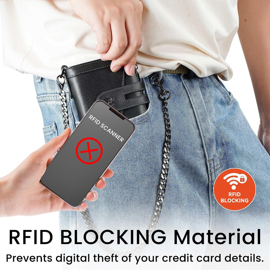 Cartera de cuero genuino para hombre: billetera de cadena antirrobo