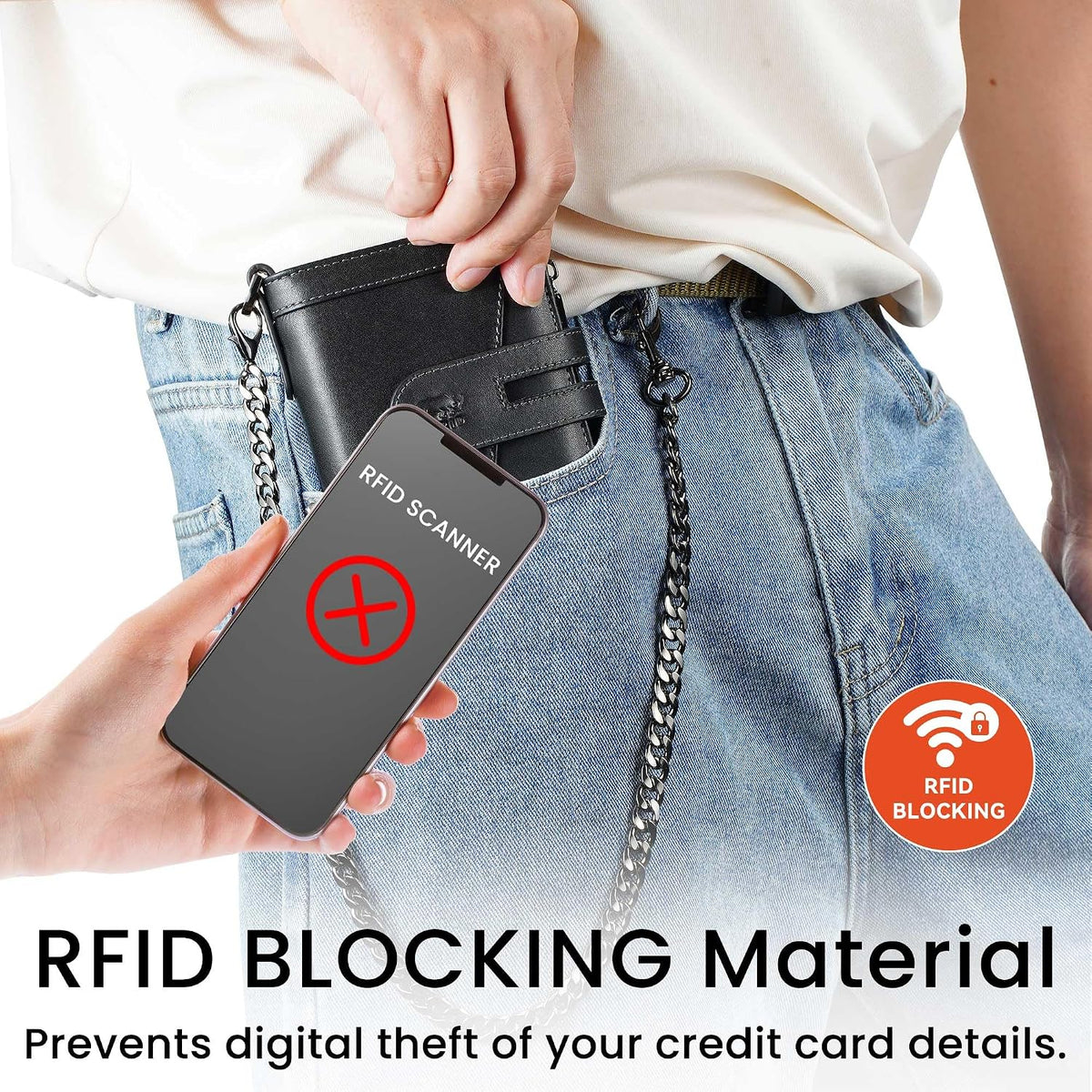 Cartera de cuero genuino para hombre: billetera de cadena antirrobo