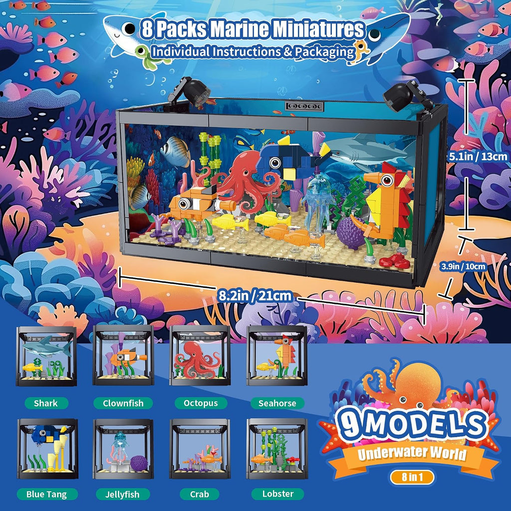 Juego de construcción de pecera 8 en 1, bloque de construcción de acuario marino con luz LED, recuerdos de fiesta, 9 modelos de juguete que incluye cangrejo de pulpo, regalos de cumpleaños de Navidad para niños y niñas de 6, 8, 10, 12 años en adelante