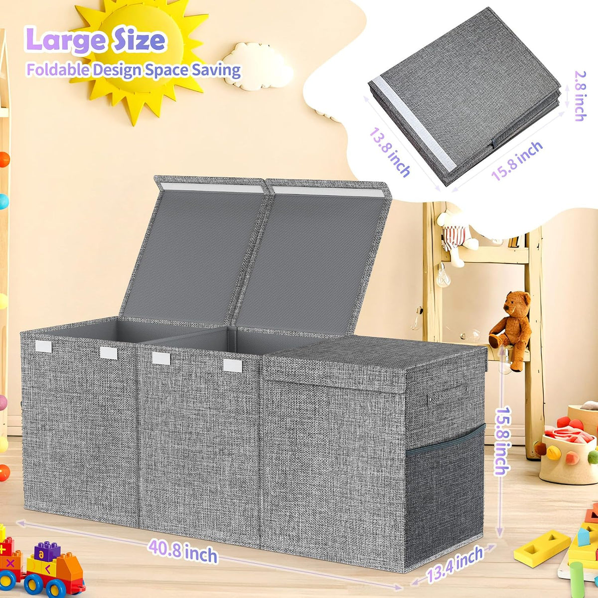 Caja de juguetes Extra Grande con tapas, gran arca de almacenamiento, 40"x14"x16"