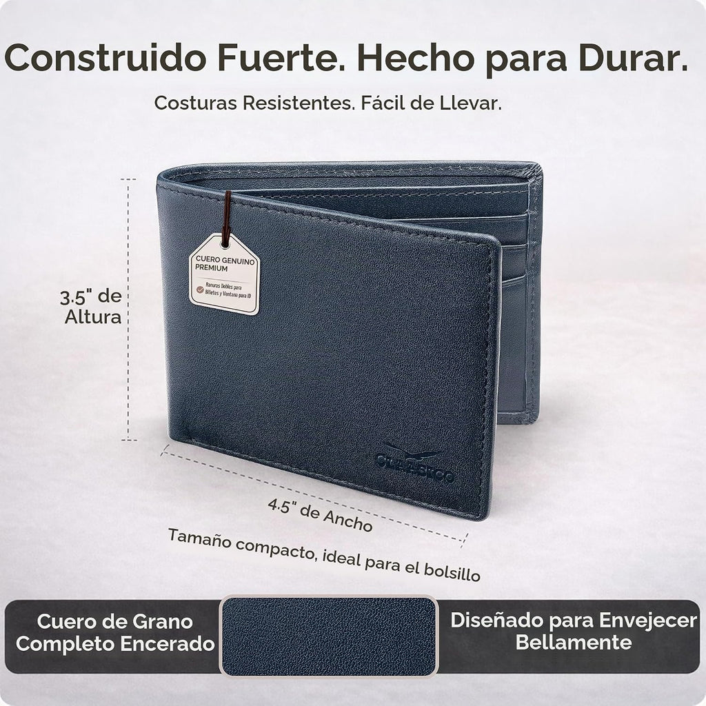 Cartera plegable de cuero para hombre con bloqueo RFID y ventana
