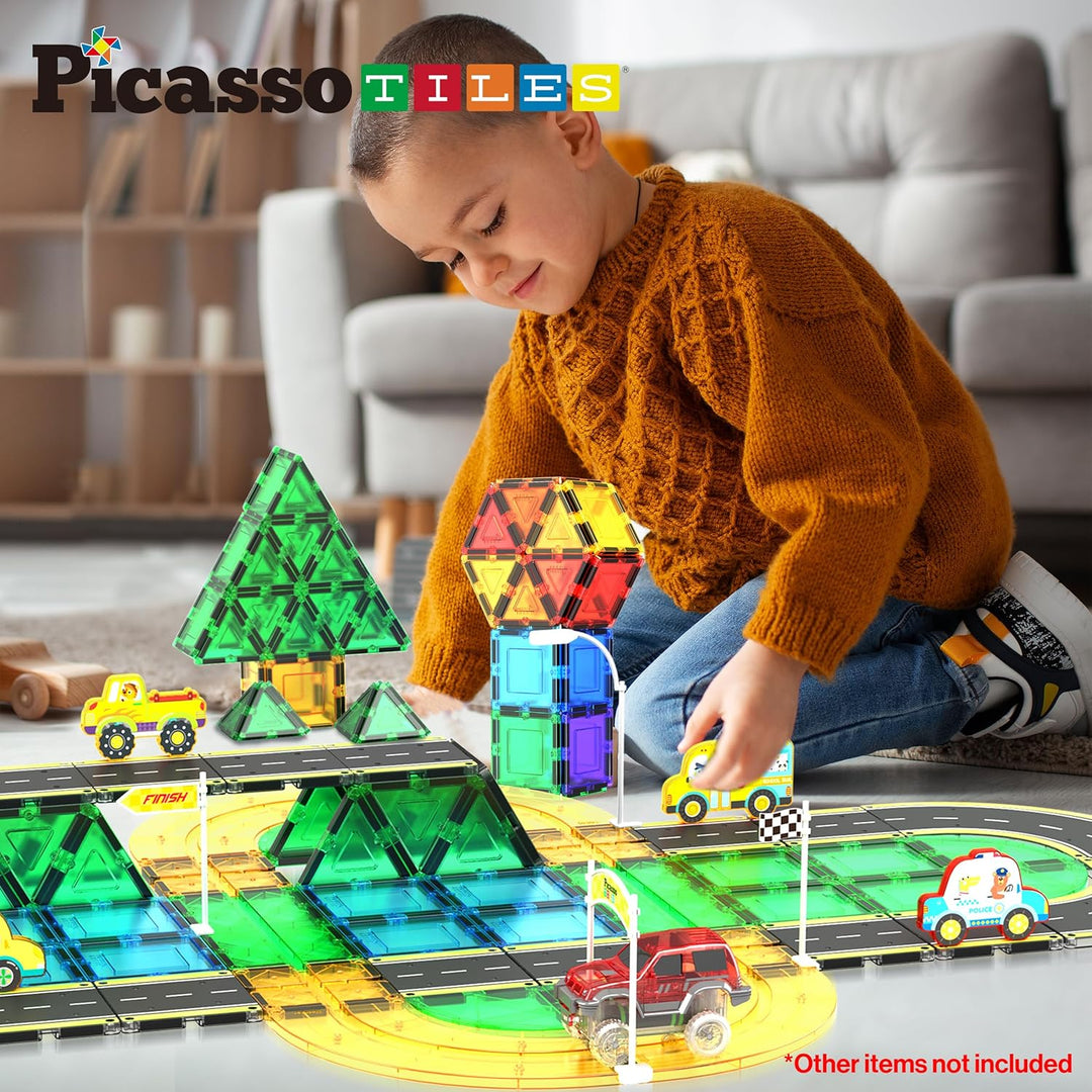 PicassoTiles Azulejos Magnéticos de Construcción Pista de Autos Veh...