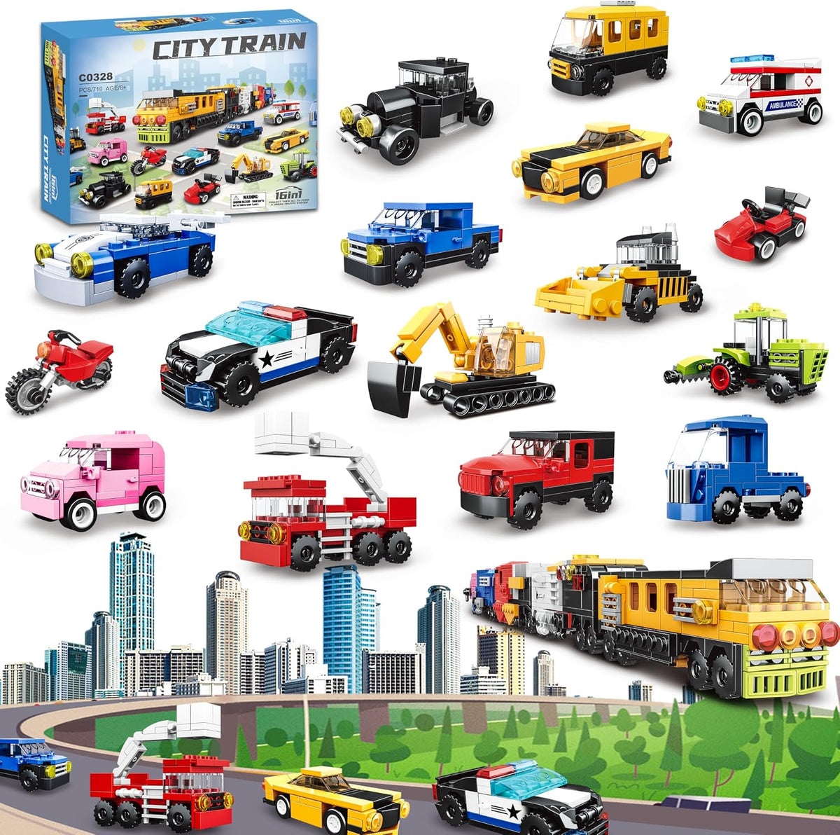 Paquete de 16 bloques de construcción para niños, compatibles con Lego 2 en 1, 710 piezas de kits de construcción de mini ciudad, incluye coche de policía y tren, regalos de juguete de Navidad